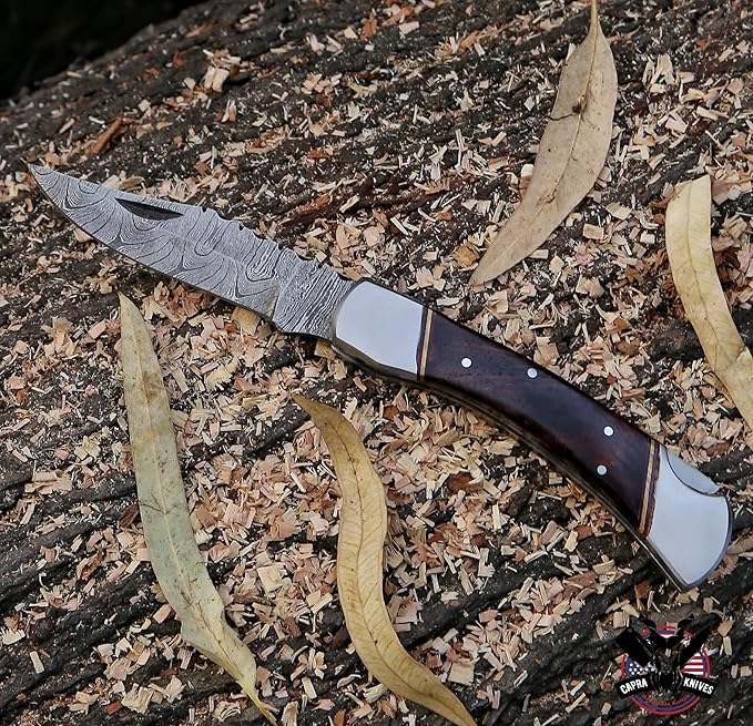 Capra Knives CK-42 Handcrafted Folding Pocket Knife 5” Folded, 9” Long Overall, 8oz Rose Wood Handle, Damascus Blade with Leather Sheath