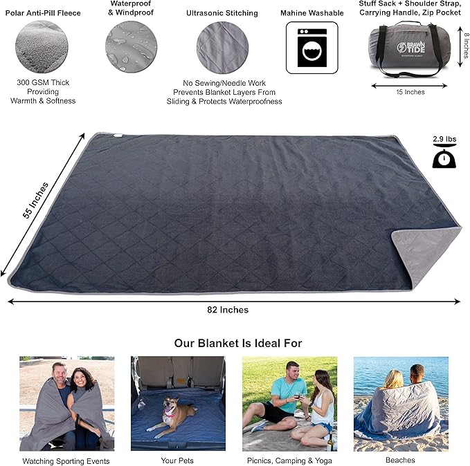 BRAWNTIDE Large Outdoor Waterproof Blanket - Quilted, Extra Thick Fleece, Warm, Windproof, Sandproof, Includes Stuff Sack, Shoulder Strap, Ideal for Beaches, Picnics, Camping, Stadiums, Dogs, Car