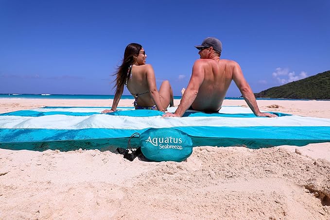 Premium XXL Beach Blanket Sandproof Water Resistant Quick Dry Mat 10ft by 9ft for 1-8 Adults with 4 Metal Stakes, 4 Corner Pockets, Secure Clip and Strap, and Attached Bag