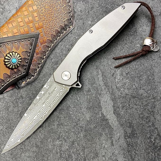 TACTICAL GEARZ EDC Damascus Pocket Folding Knife! Solid Titanium Handle! 67 Multi-Layered VG10 Damascus Steel Blade! (Volan XT Beast Bundle)