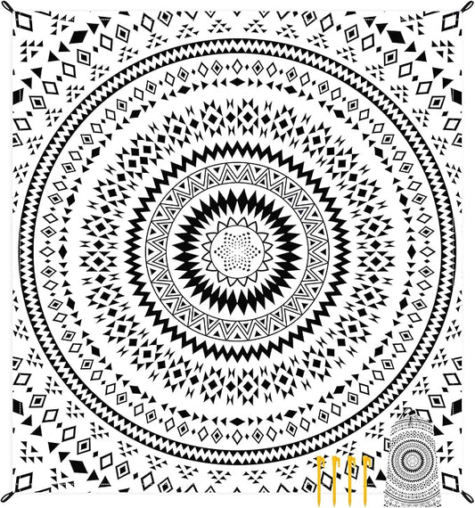 Waterproof Sandproof Beach Blanket, 78"" x 86"" Large Beach Mat for 2-4 Adults, Lightweight Compact Polyester Picnic Blanket for Outdoor, Travel, Camping, Hiking, Beach Essentials, Black Mandala