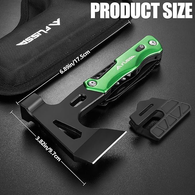 FLISSA Camping Axe Hammer 14-in-1 Multitool, Hatchet Multi Tool Stainless Steel with LED Light, EDC Hiking Survival Multi Function Tool Pocket Knife with Sheath