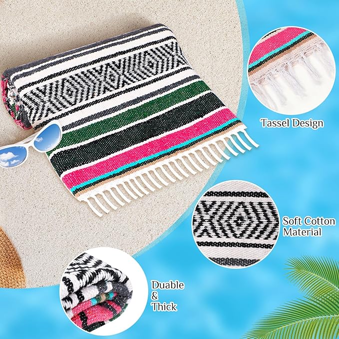 Oudain Mexican Blankets and Throws 45 x 70 Inch, Cotton Outdoor Camping Blanket Woven Serape Yoga Blanket Fiesta Picnic Beach Blankets(Exquisite Color, 3 Pack)