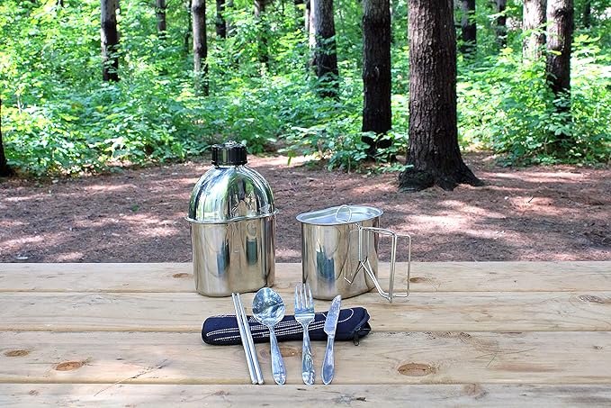 MASTIFF GEARS® 304 (18/8) Stainless Steel (FDA Compliant) US G.I Style Canteen Kit Cooking Set Camping Canteen Mess Kit with Cup, Lid, MOLLE Pouch for Camping