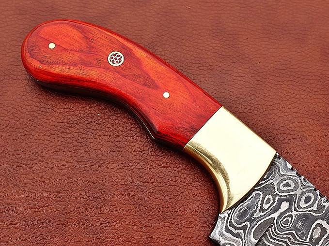 9.5" Long Full Tang Blade Skinning Knife, Rain Drop Pattern Straight Back Hand Forged Damascus Steel, Walnut Wood Scale with Brass Bolster, Cow Leather Sheath (Red)