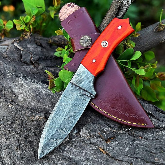 Handmade Damascus Skinning Knife with Sheath, 8-inch Fixed Blade knife Sharpener & Fire Starter for Camping, Outdoor, Bushcraft (RED HANDLE)