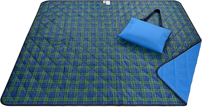 Beach Blanket Sand Proof & Outdoor Picnic Blanket - Water Resistant, Large Mat for Camping or Travel. Washable, Foldable, Easy Carry Compact Tote Bag (Green/Blue Plaid)