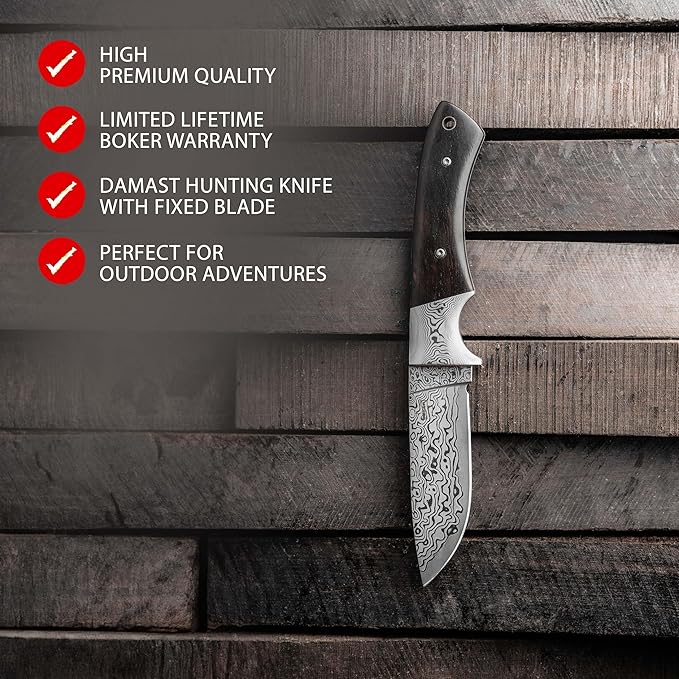 BÖKER PLUS® M-One Damascus hunting knife - fine Damascus knife with fixed blade & leather sheath - bushcraft knife with ebony wood handle - Damascus outdoor knife in gift box