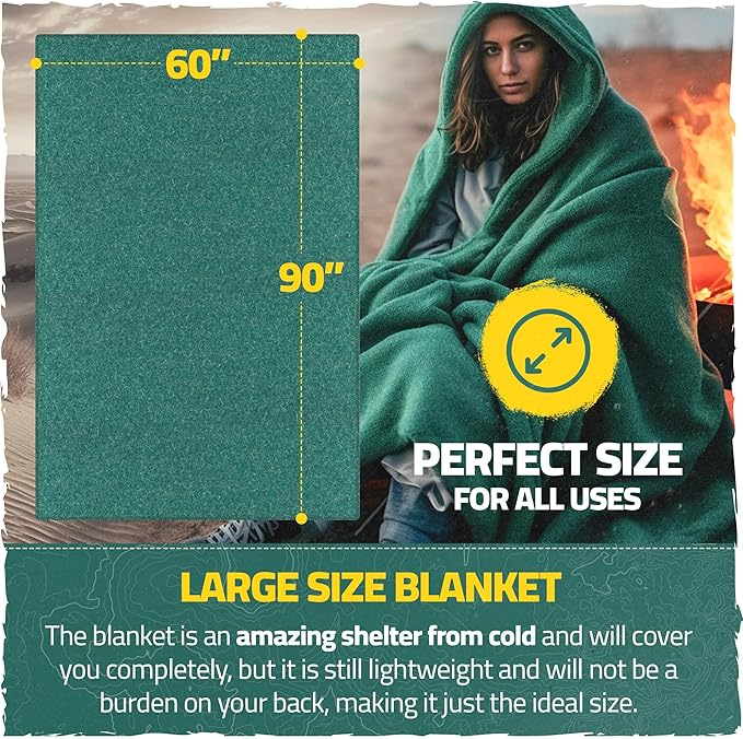 Wool Light Military Blanket – 3lb and 60x90. Pre Washed and pre Shrunk, Warm and Thick. Great for Camping, Outdoors, Survival, Emergency Preparedness, Sporting Events, Survival Kits and More.