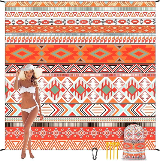 Beach Blanket Sandproof Extra Large Beach Mat Adults Waterproof Quick Drying Sand Free Mat Made by Premium Polyester with 4 Stakes & 4 Corner Pockets for Outdoor Travel Camping Hiking