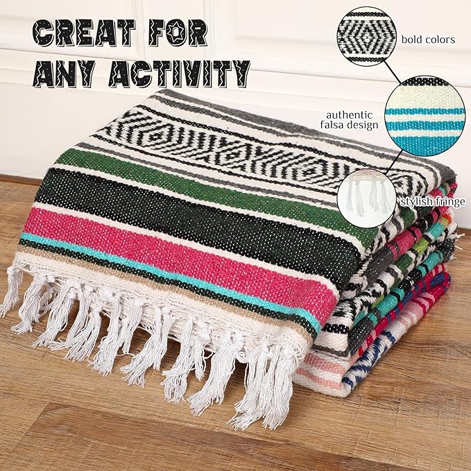 Oudain Mexican Blankets and Throws 45 x 70 Inch, Cotton Outdoor Camping Blanket Woven Serape Yoga Blanket Fiesta Picnic Beach Blankets(Classic Color, 3 Pack)