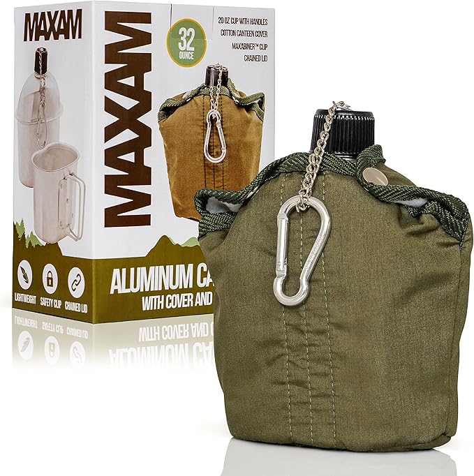 Maxam 32 Ounce Aluminum Military Canteen with Cup & Cover - Stainless Steel Water Bottle for Hiking, Camping, Backpacking