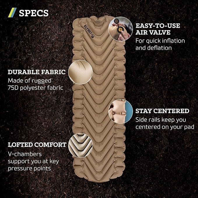 KLYMIT Insulated Static V Inflatable Sleeping Pad | Comfortable, Lightweight, Easy to Inflate, Portable Air Bed Mattress for Camping, Backpacking and Hiking — Coyote Sand