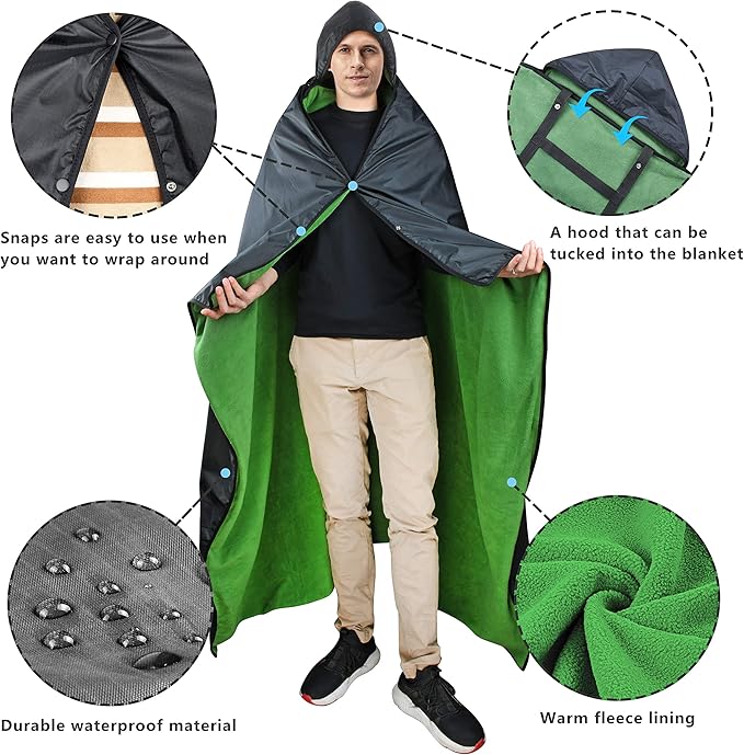 Catalonia Waterproof Blanket for Outdoor, Hooded Blanket Poncho, Windproof, Warm for Stadium,Sporting Events, Camping