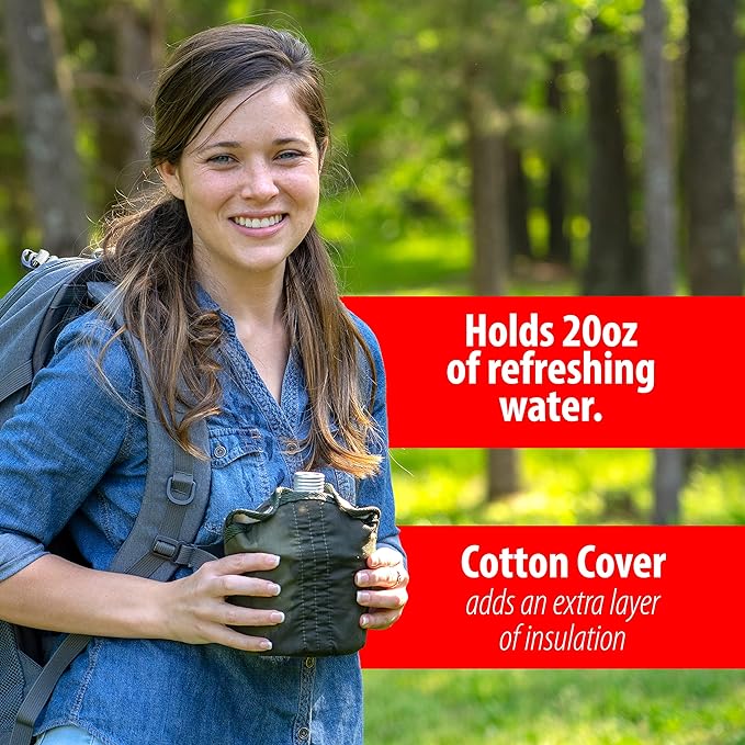 Maxam 32 Ounce Aluminum Military Canteen with Cup & Cover - Stainless Steel Water Bottle for Hiking, Camping, Backpacking