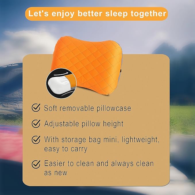Portable Inflatable Neck Pillow for Outdoor Travel, Camping, Office Naps-Polyester + Washable Cotton-Color Available-Simple and Comfortable (Orange)