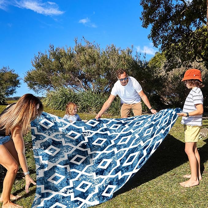 Beach Blanket Sandproof Waterproof, Large 78"×86" Boho Moroccan Beach Mat Fits Up to 4 Adult, Sand Free Quick Dry Outdoor Picnic Blanket with Stakes for Travel, Camping, Hiking