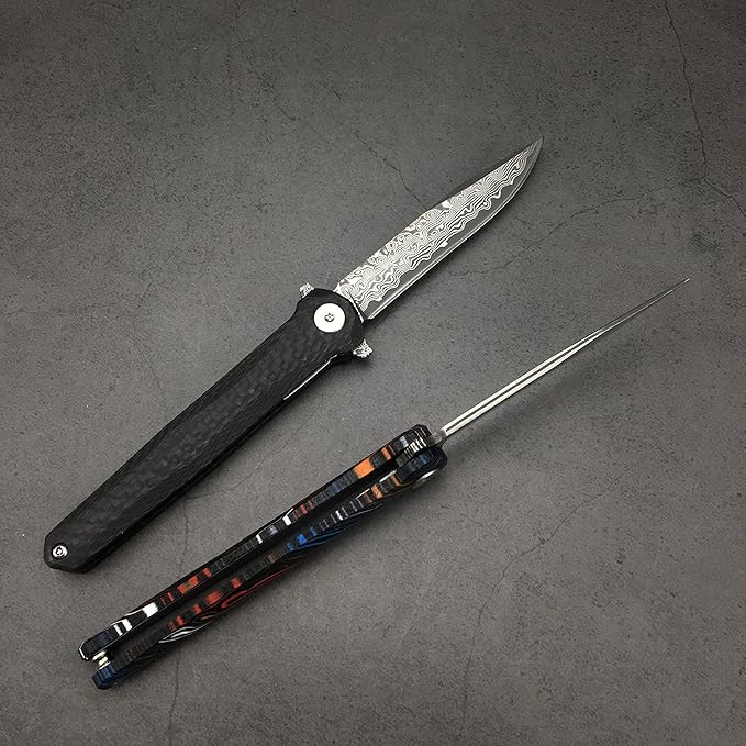 HUAAO Damascus Pocket Knife with Sheath, Gentleman Knife ceo Knife with 2.9’’ Damascus Blade, Carbon Fiber Handle, Liner Lock, Flipper Knife for EDC Outdoor Camping(black)