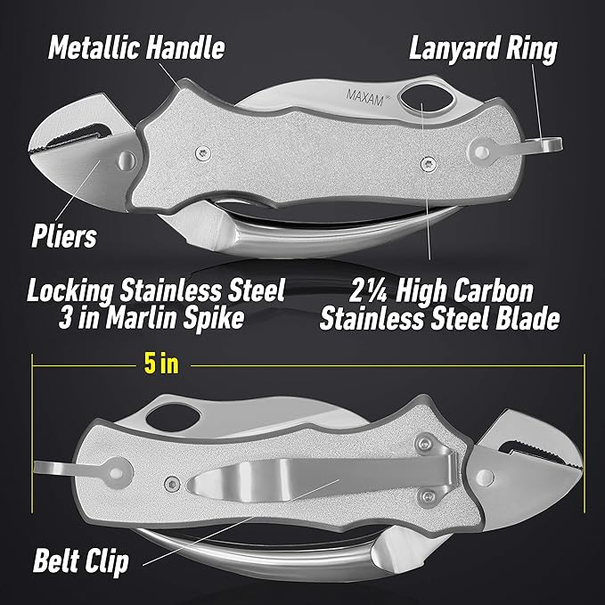 Maxam Sailor's Tool, a Powerful Multi-Use Sailor's Knife, Ideal for Boating, Fishing, or Sailing, Silver