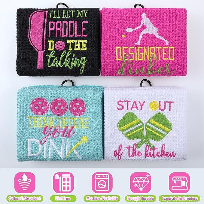 Hosuly 4 Pieces Funny Dinkball Towels Microfiber Cotton Athletic Towels with Clip Embroidered Towel Gift for Men Women Dinkball Lovers(Women,Elegant)
