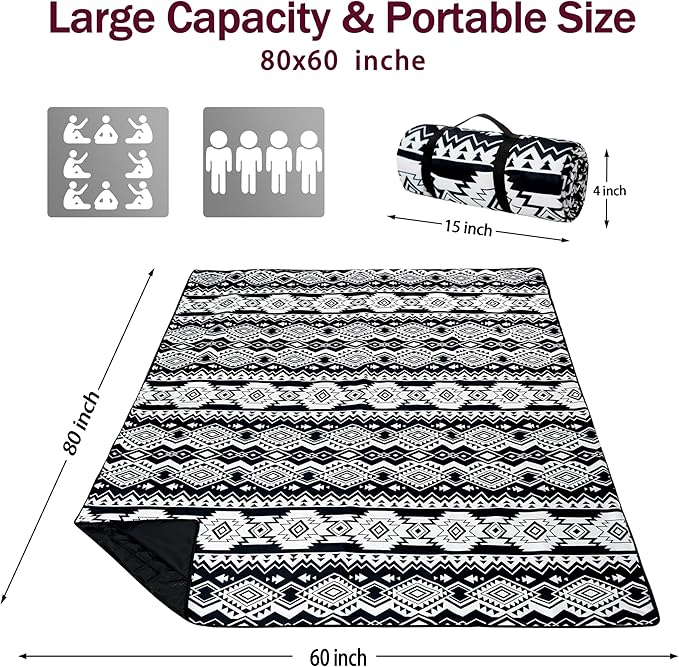 Picnic Blankets Beach Blanket 80" X 60" Extra Large Waterproof Camping Blankets Portable Outdoor Mat 3-Layer blanket for Beach, Hiking, Park, Music Festival, Grass Lawn,Travel