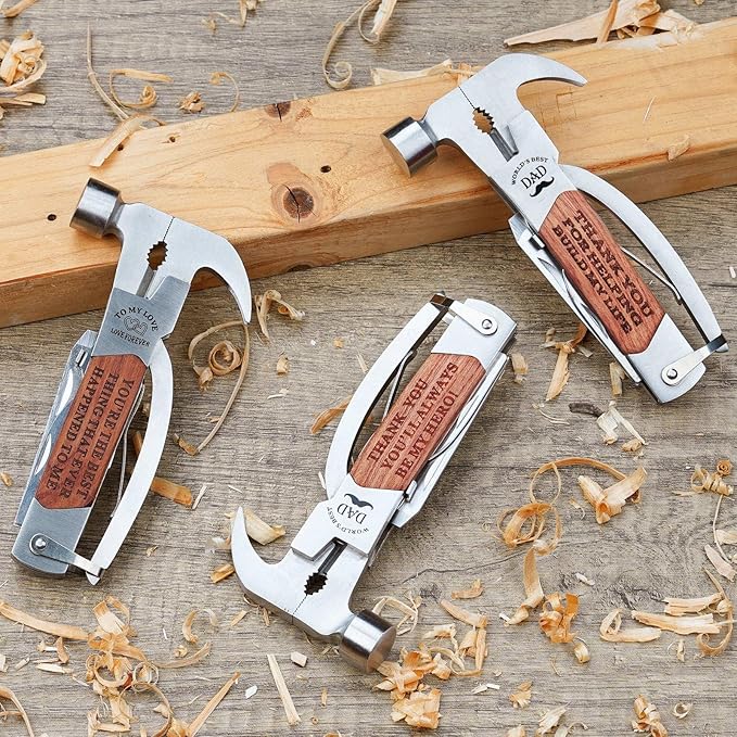 Gifts for Men Him, Anniversary Birthday Gifts for Him Boyfriend Husband, All in One Survival Tools Small Hammer Multitool with Engraved Wooden Box, Cool Gadgets Camping Hunting Present