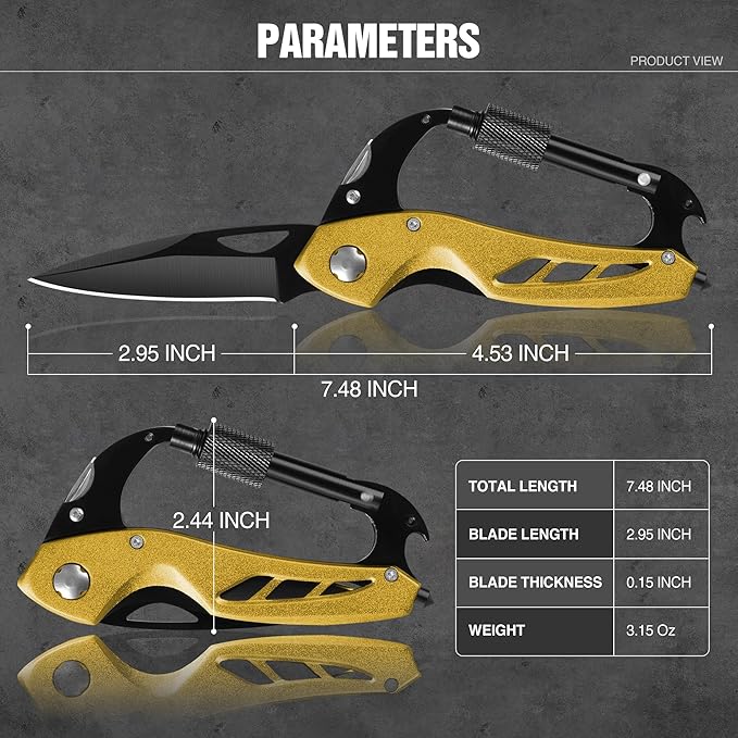 Multitool Carabiner with Pocket Knife, EDC Carabiners Keychain with Bottle Opener, Window Breaker Folding Knives and Screwdriver, Survival Gear for Outdoor Camping Hiking for Men