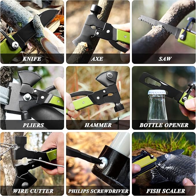 RoverTac Multitool Axe Hatchet, Camping Essentials Survival Gear, Gifts for Men, Mens Gifts Dad Gifts, Gifts for Men Husband Him, 14-in-1 Multi Tool Axe, Multitool Gifts for Camping Hiking Survival