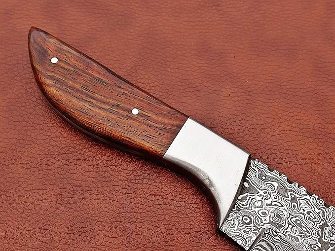 9.5" Walnut Wood Scale with Steel Bolster Skinning Knife, Full Tang Blade Rain Drop Pattern Straight Back Hand Forged Damascus Steel, Cow Leather Sheath (Brown) (Brown)