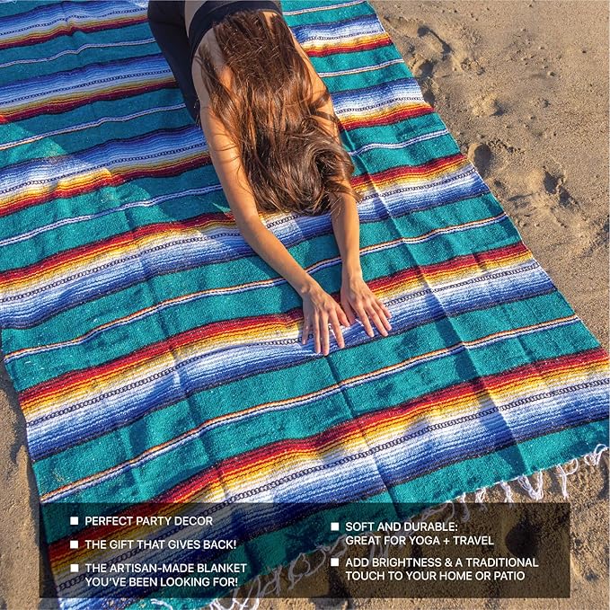 Premium Mexican Blanket, Authentic Hand Woven Falsa Blanket & Yoga Blanket | Made by Traditional Mexican Artisans, Perfect Saddle Blanket, Beach Blanket, Picnic Blanket, Car Blanket, Outdoor Blanket