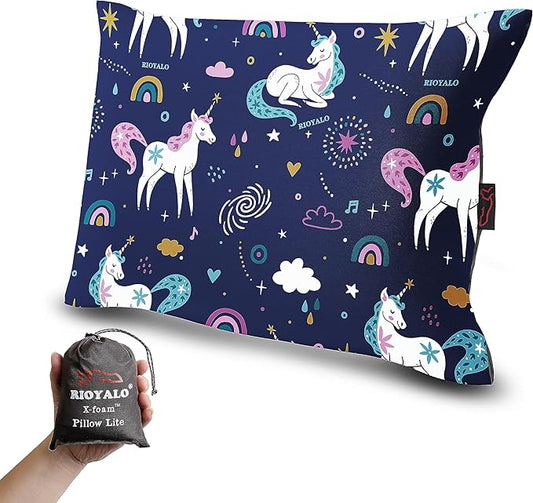 Girls Inflatable Camping Pillow Lite Kids w. Removable X-Form Padded Cover | Unicorn Rainbow | Comfort, Washable, Compact, Ultralight, Packable | Backpacking Hiking Travel Air Sleepover Scout