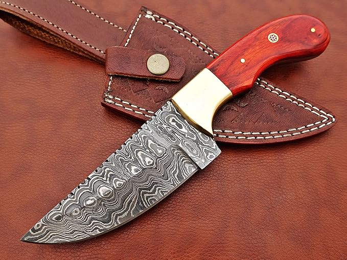 9.5" Long Full Tang Blade Skinning Knife, Rain Drop Pattern Straight Back Hand Forged Damascus Steel, Walnut Wood Scale with Brass Bolster, Cow Leather Sheath (Red)