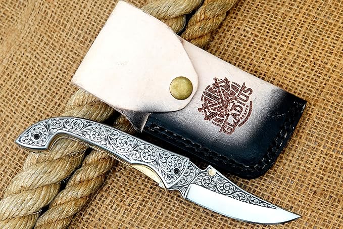 GLADIUS CRAFTS" 9-inch Hand-Crafted Folding Knife - 3-inch D2 Steel Blade with 4-inch Hand-Engraved Stainless Steel Handle - Ideal for Collection, EDC Tool, or any other Practical Use - An Extraordinary Gift