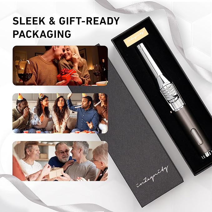 Pen Torch Lighter - Refillable Single Flame Butane Torch Lighter for Candle, & Cooking w/Adjustable Flame & Ignition Lock - Luxurious Handheld Camping Lighter & Gift Box by inZaynity - Grey & Steel