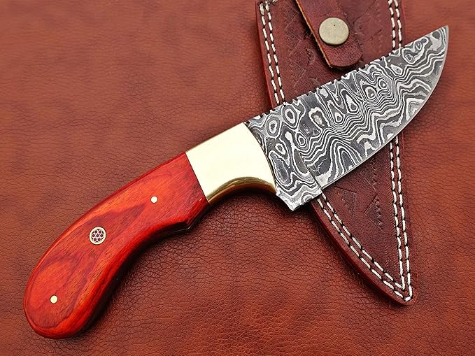 9.5" Long Full Tang Blade Skinning Knife, Rain Drop Pattern Straight Back Hand Forged Damascus Steel, Walnut Wood Scale with Brass Bolster, Cow Leather Sheath (Red)