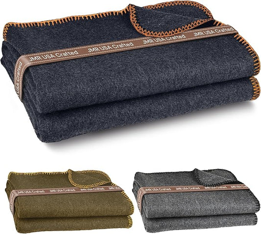 JMR Wool Camping Blanket - Warm Heavy Car Blanket & Camp Quilt - Survival Emergency Blanket for Sleeping Outdoors - Multi-Use Wool Blanket for Camping, Car & Home - 80% Wool, Navy, 66X90