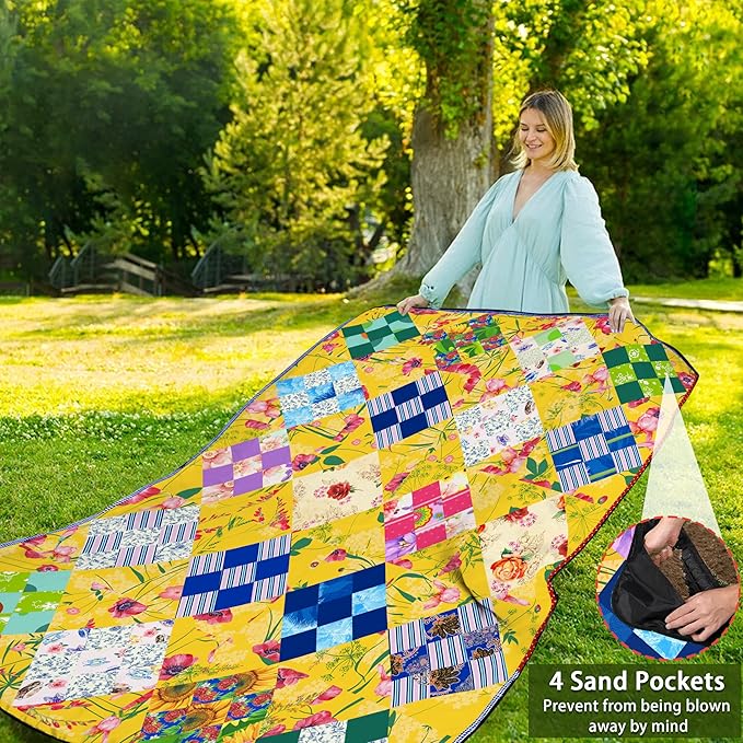 Picnic Blankets Beach Blanket 80" X 60" Extra Large Waterproof Camping Blankets Portable Outdoor Mat 3-Layer blanket for Beach, Hiking, Park, Music Festival, Grass Lawn,Travel