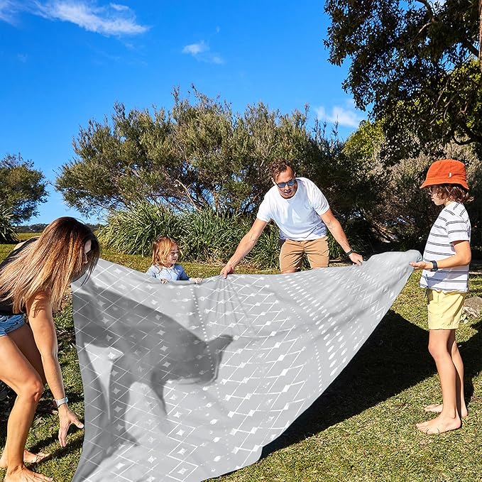 78''×86'' Large Beach Blanket for 4 Adults, Outdoor Beach Mat Sand Proof Waterproof with 4 Stakes & 4 Corner Pockets, Polyester Lightweight Comapct Grey Picnic Blanket for Travel, Camping, Hiking