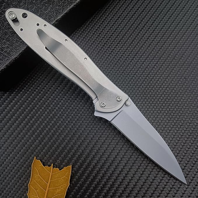 HUAAO Outdoor Flipper Pocket Folding Knife 3" Bead Blast Plain Blade, Stainless Steel Handles Frame Lock,Reversible Pocketclip