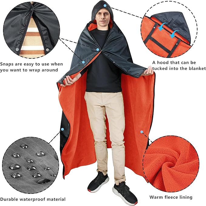 Catalonia Waterproof Blanket for Outdoor, Hooded Blanket Poncho, Windproof, Warm for Stadium,Sporting Events, Camping