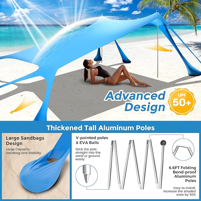 Beach Canopy Beach Tent Pop Up Shade 10x10ft Sun Shelter UPF50+ with 8 Sandbags-2 Sand Shovel-4 Aluminum Poles-Ground Pegs-Portable Carrying Bag for Outdoor Family Camping Fishing Yard Picnic