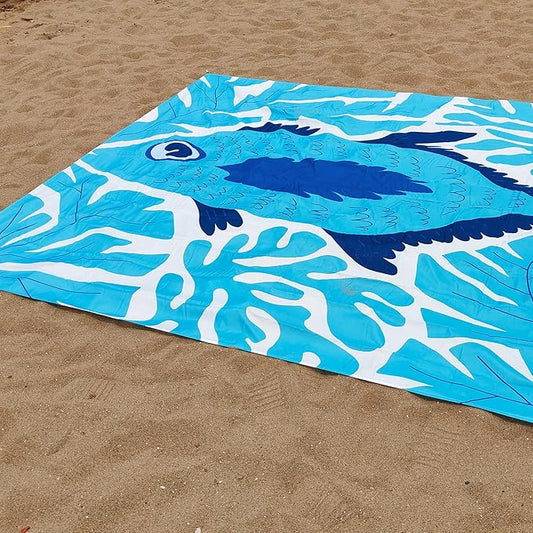 Large Beach Blanket Waterproof Sandproof 79"x 83" for 1-4 Adults,Quick Drying Beach Mat,Lightweight & Durable,Beach Essentials for Family Beach Camping Travel Picnic(Green Fish)