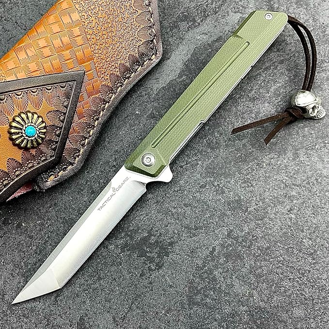 TACTICAL GEARZ EDC Pocket Folding Knife with G10 Handle - Tanto D2 Steel Blade, Nyx ST (Olive Beast Bundle)