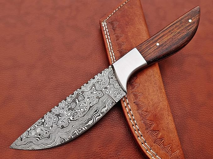 9.5" Walnut Wood Scale with Steel Bolster Skinning Knife, Full Tang Blade Rain Drop Pattern Straight Back Hand Forged Damascus Steel, Cow Leather Sheath (Brown) (Brown)