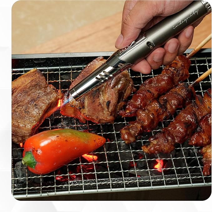 Pen Torch Lighter - Refillable Single Flame Butane Torch Lighter for Candle, & Cooking w/Adjustable Flame & Ignition Lock - Luxurious Handheld Camping Lighter & Gift Box by inZaynity - Grey & Steel