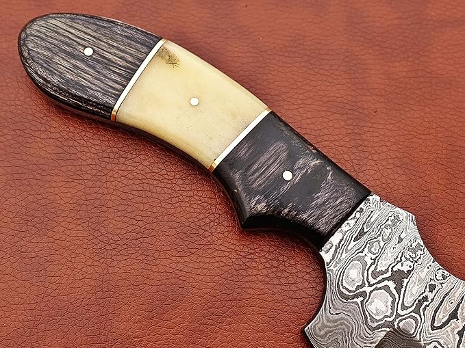 9.5" Long full tang blade skinning Knife, Rain drop pattern trailing point blade, hand forged Damascus steel, 2 tone black wood and Camel bone scale, Cow Leather sheath