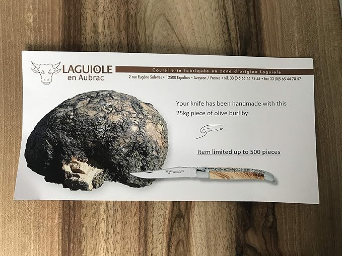 Laguiole en Aubrac Handmade Limited Edition Double Special Plates Folding Pocket Knife, 4.8-in (12cm), Olivewood Burl Handle, Hand Forged Special Crafting Bee, Signed Blade, Stainless Steel Bolsters