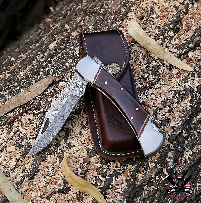 Capra Knives CK-42 Handcrafted Folding Pocket Knife 5” Folded, 9” Long Overall, 8oz Rose Wood Handle, Damascus Blade with Leather Sheath