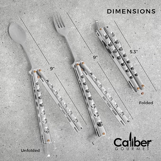 Caliber Gourmet Tactical Stainless Steel Folding Butterfly Knife Style Utensil, Fork, Spoon, Bottle Opener, Camping Hiking Kitchen BBQ Grill Picnic Flatware Utensil (Fork + Spoon), Christmas Gift