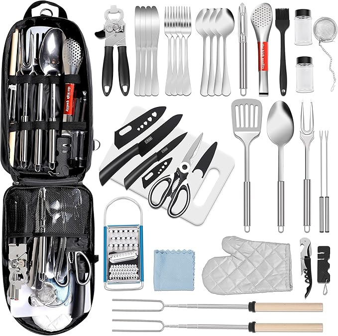 Camping Kitchen Utensil Set Outdoor Kitchen Gear, Outdoor Cooking and Grilling Utensil Travel Set Perfect for Camping Accessories Cooking, RV Camp. Camping, BBQs, Parties and More